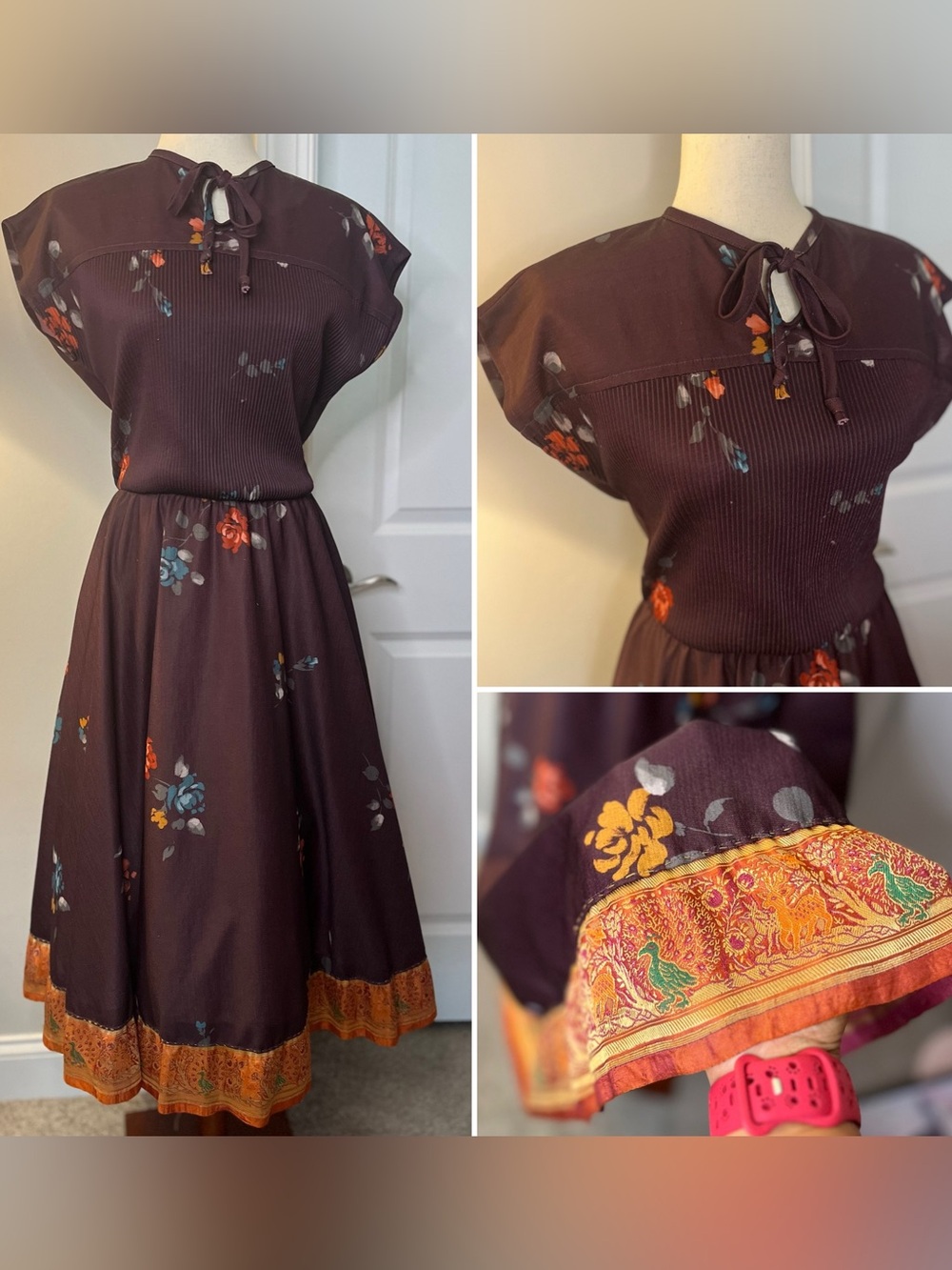 1970’s Women's Brown Floral Midi Dress with added Decorative Border